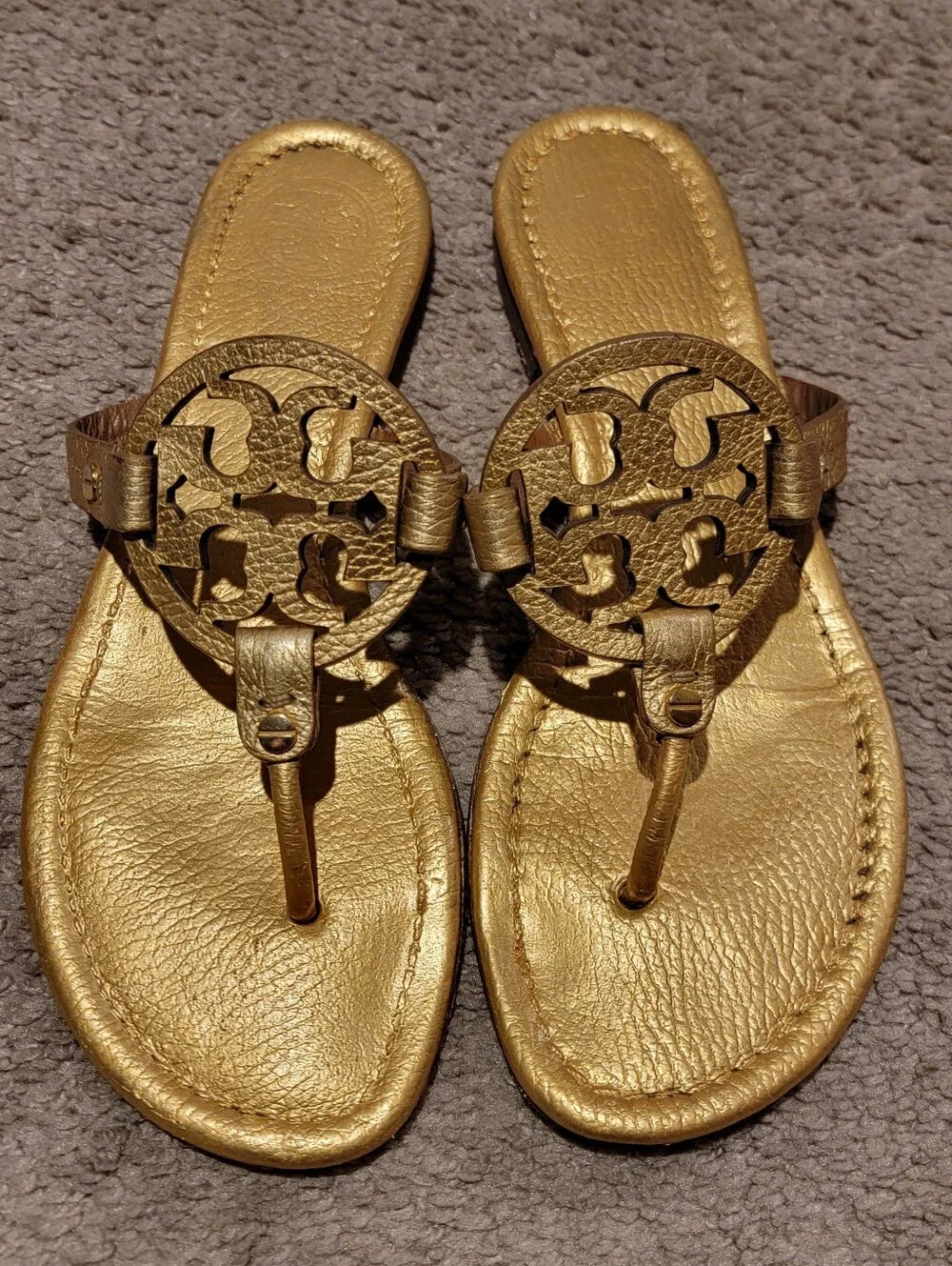 Tory Burch Miller Metallic Gold Pebbled Leather Sandals Size 7.5